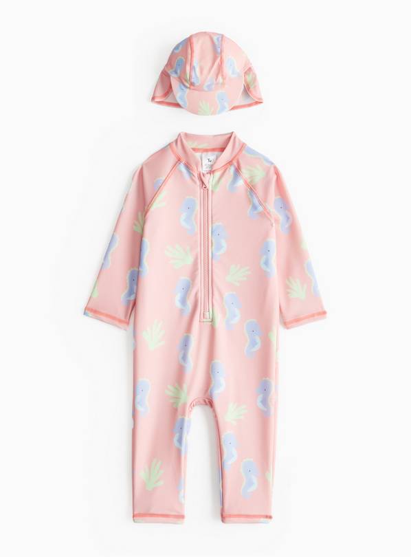 Pink Seahorse Print Swimsuit & Keppi Hat  Up to 3 mths